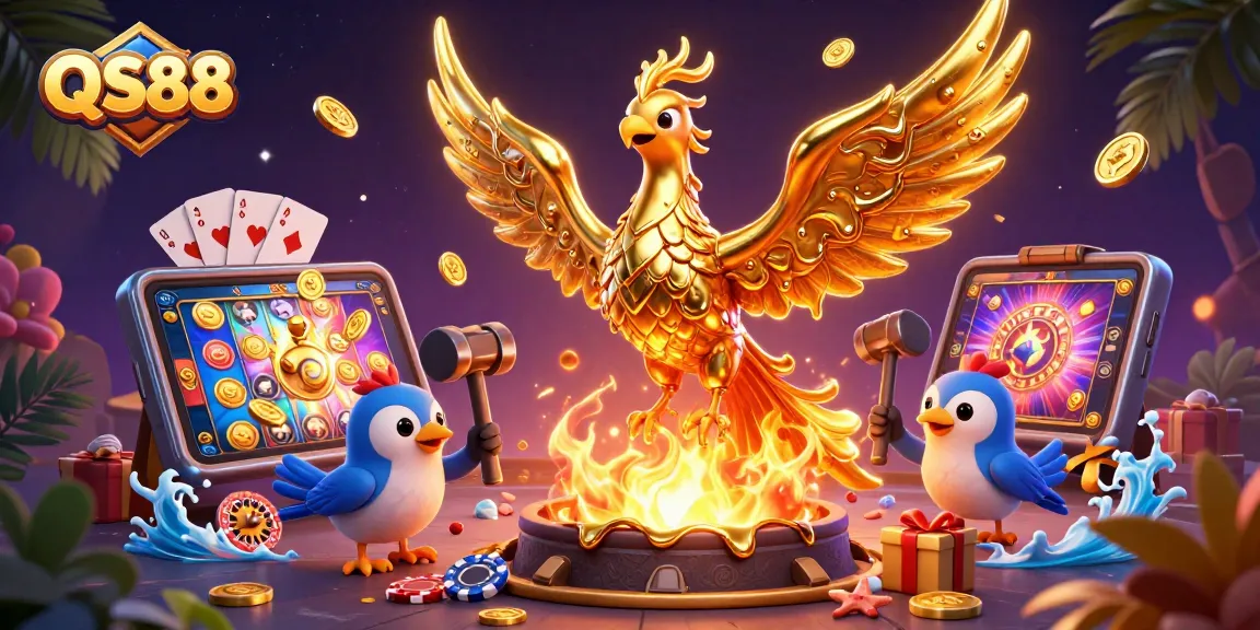 Engage in thrilling gameplay with QS88 as golden coins and colorful games erupt from the scene.