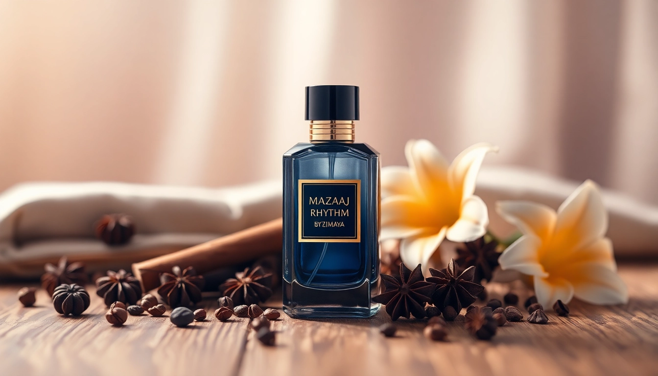 Mazaaj Rhythm by Zimaya presented beautifully, showcasing its exquisite bottle design with aromatic accents.