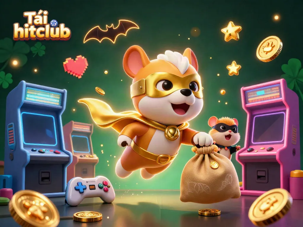 Experience the excitement of Tải hitclub with a superhero dog and hamster in a vibrant casino-themed illustration.
