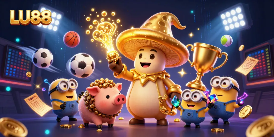 LU88 brings thrilling sports action with a golden mushroom wizard and vibrant dynamic elements