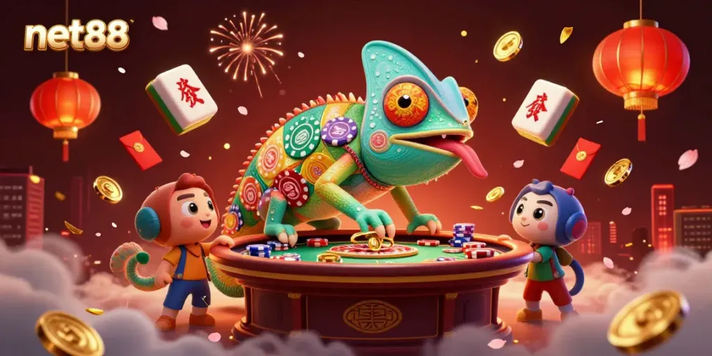 Experience excitement with net88 in a vibrant casino scene featuring a colorful chameleon and festive symbols.