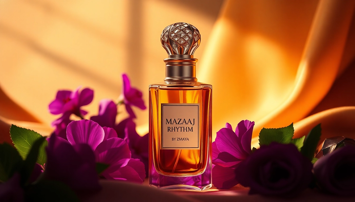 Mazaaj Rhythm by Zimaya perfume bottle elegantly displayed with floral accents, enhancing its luxury.
