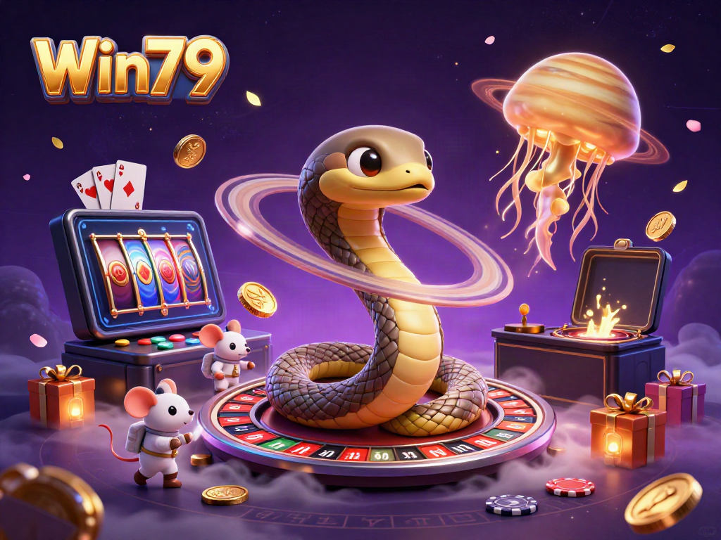 Win79 showcases interactive betting with a cosmic twist, featuring a Saturn ring snake and astronaut mice.