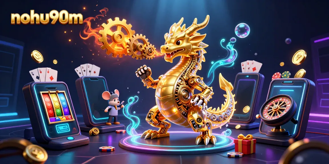 Play thrilling casino games like slots with nohu90m's vibrant 3D golden dragon illustration.