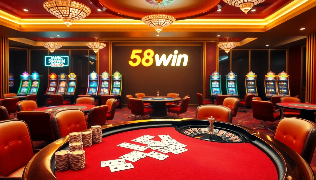 Experience excitement at 58win with colorful casino machines, bustling tables, and vibrant poker scenes.