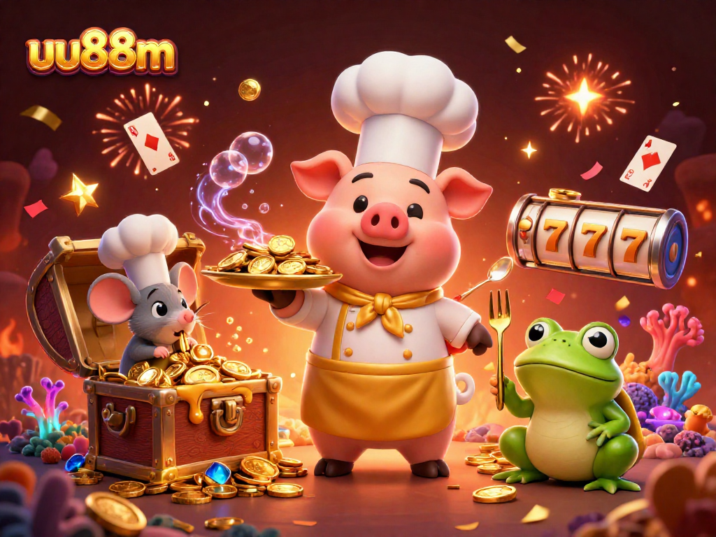Engage with the exciting uu88m casino scene featuring gourmet gold coins and festive elements.