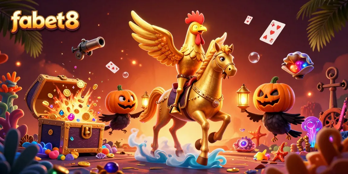 Engage in thrilling gameplay at fabet8, showcasing a golden rooster in a vibrant casino setting.