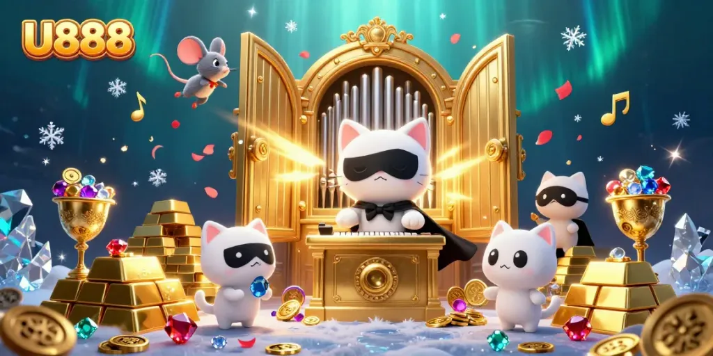 U888 showcases an enchanting scene with a masked white cat at a casino organ amidst treasures and gems.