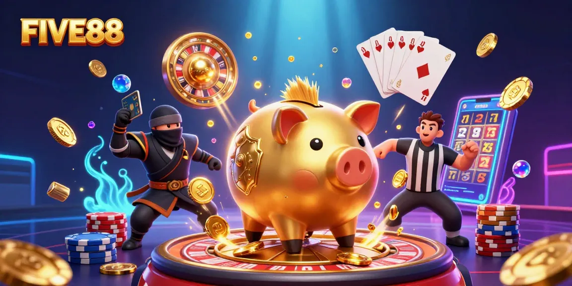Experience the excitement of FIVE88 with dynamic gaming elements, featuring a golden sumo wrestler and engaging action.