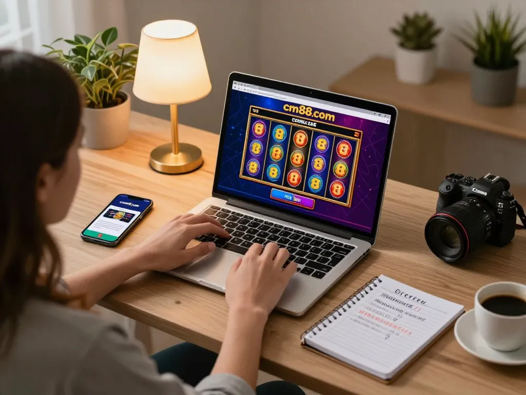 Engaging scene of a player using cm88.com on their laptop for online gambling.