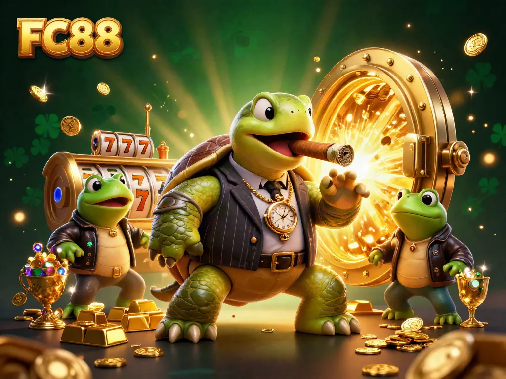 Experience the excitement at FC88 with this lively 3D casino illustration featuring a snapping turtle in a mobster suit.