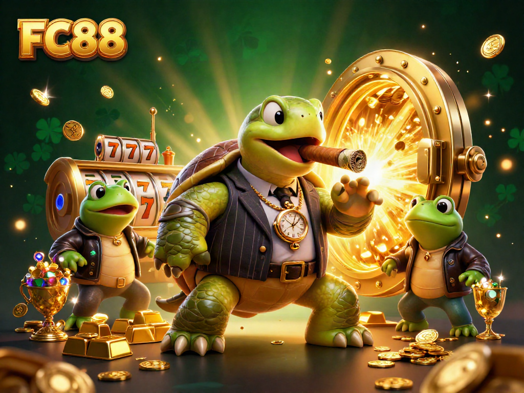 Experience the excitement at FC88 with this lively 3D casino illustration featuring a snapping turtle in a mobster suit.
