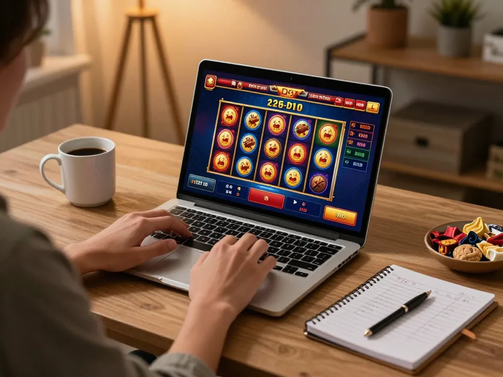 Engaging in online casino gameplay showcasing vt888 on a stylish laptop screen with strategic notes.