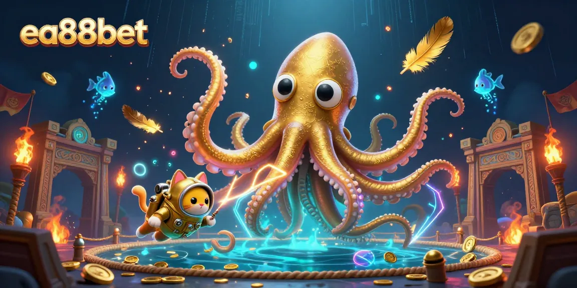 Experience the thrill of gambling with ea88bet featuring a dynamic kraken and diving cat in a treasure-filled ocean.