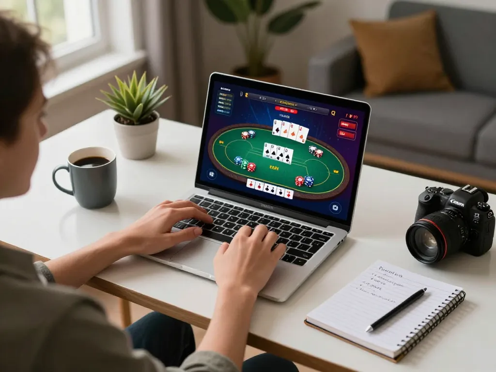 Engaging in online poker at https://g28.store/ on a sleek laptop, showcasing strategic gameplay in a cozy home setup.