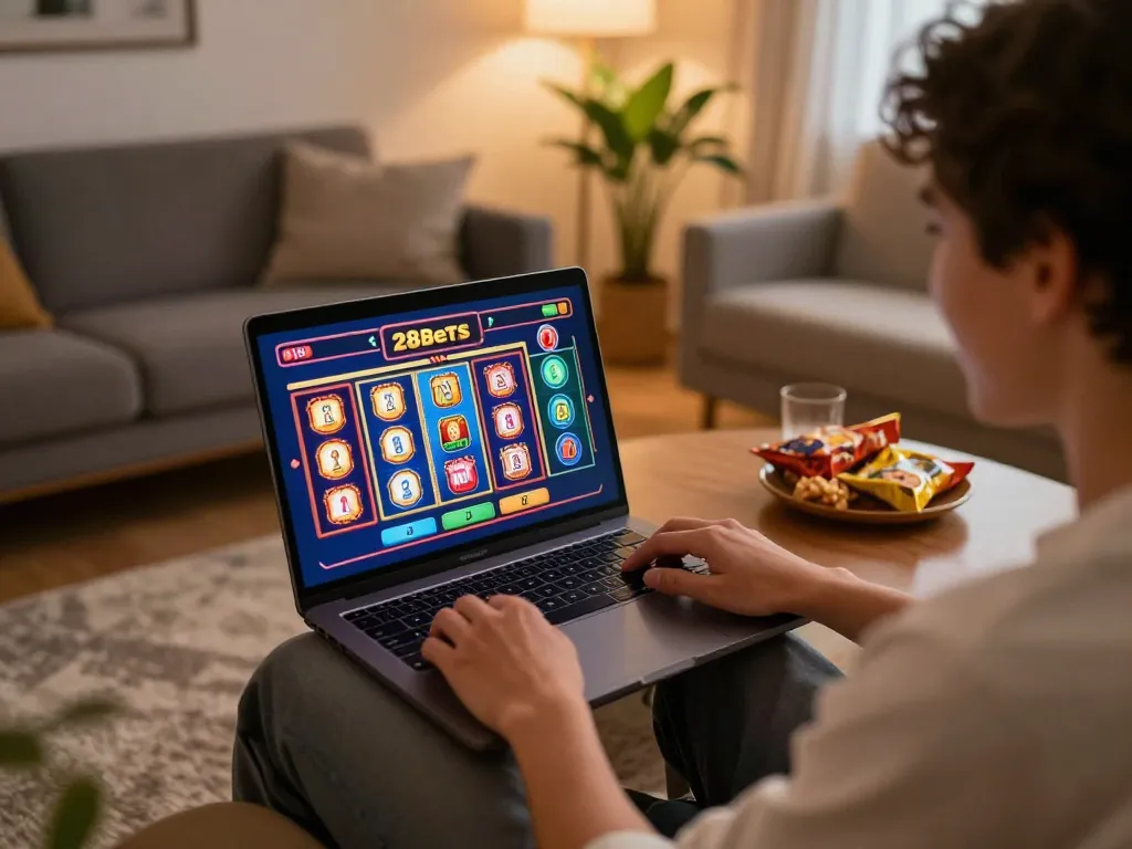 Engaged player enjoying online games at home with 28bets on screen, highlighting fun gaming experience.