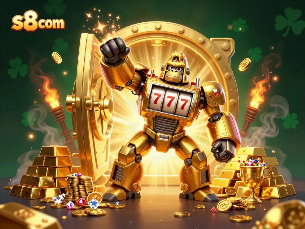 Experience thrilling gaming at s8 com with this dynamic 3D illustration of a mech gorilla and casino treasures.