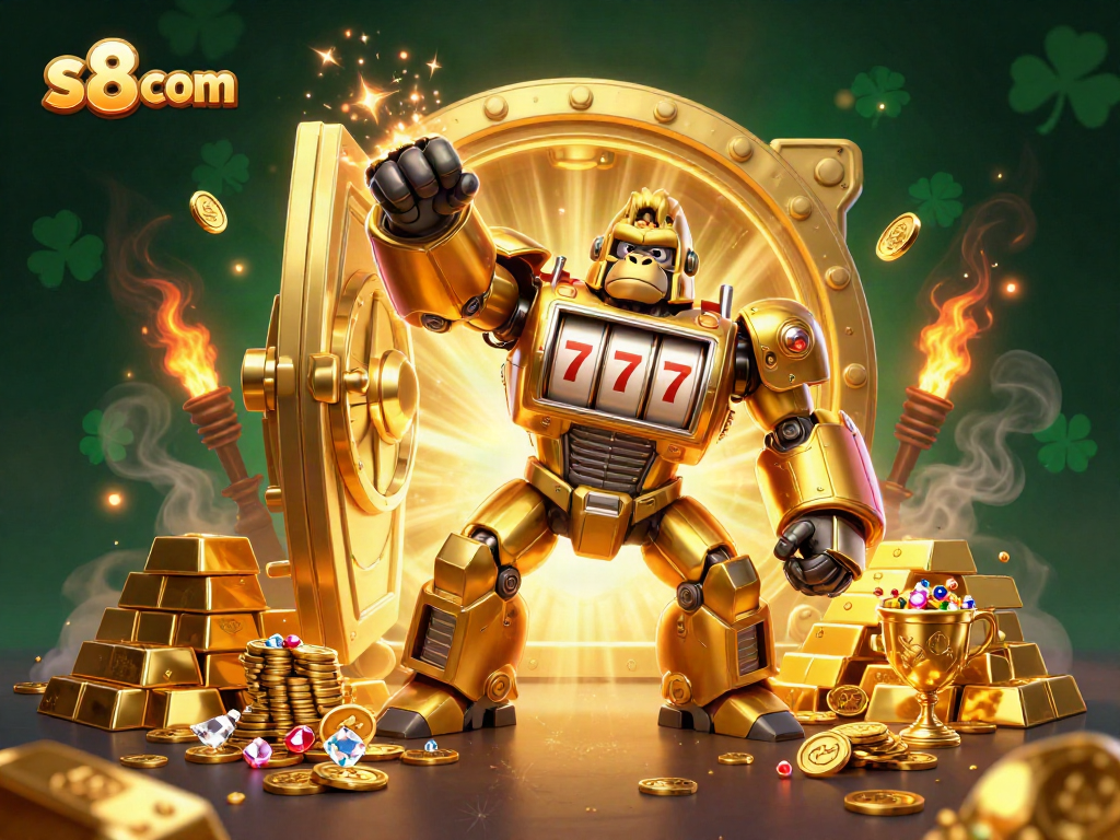 Experience thrilling gaming at s8 com with this dynamic 3D illustration of a mech gorilla and casino treasures.