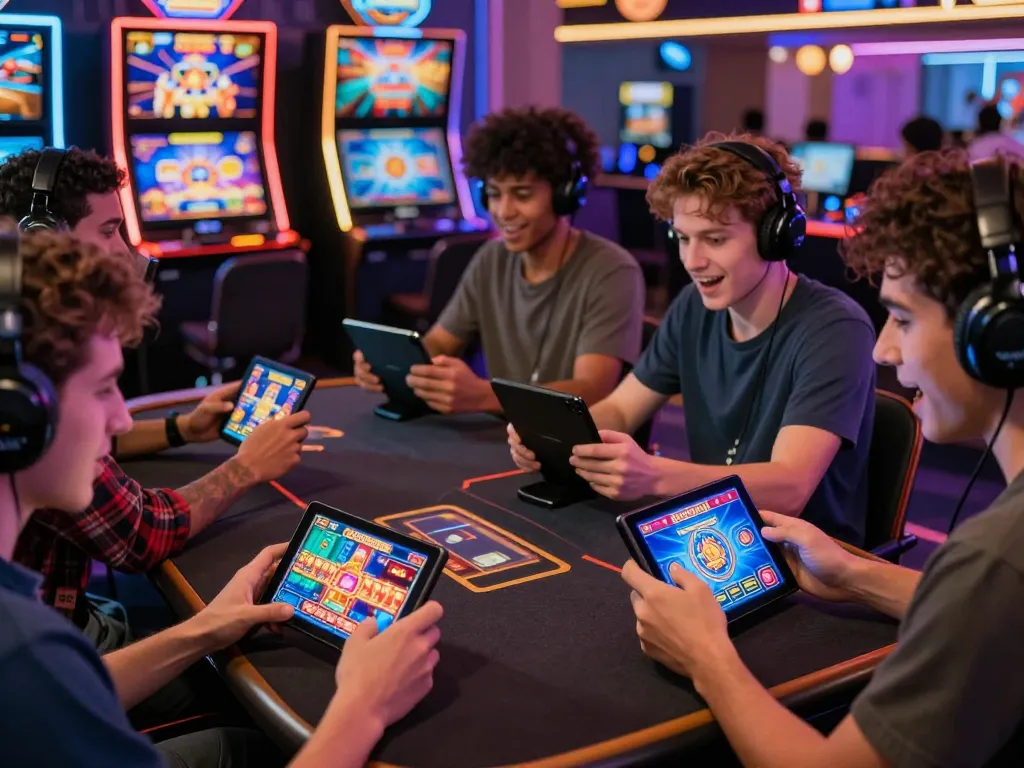 Engaging scene of players actively tải rik vip on smartphones in a lively virtual casino atmosphere, showcasing excitement and colorful game interfaces.
