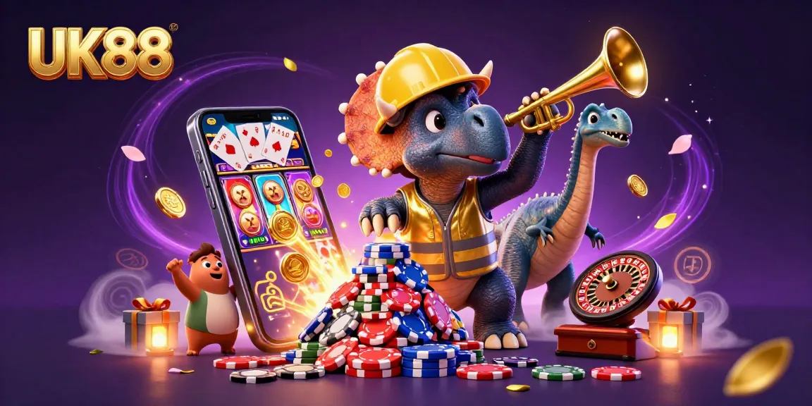 UK88 brings excitement in a vibrant casino scene with a cheering triceratops and poker chips.