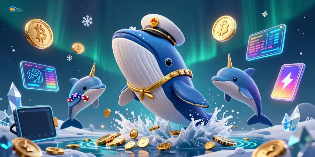 Engage with phim chill phimmoi as a whale breaching coins unites crypto elements, creating a vibrant gaming atmosphere.