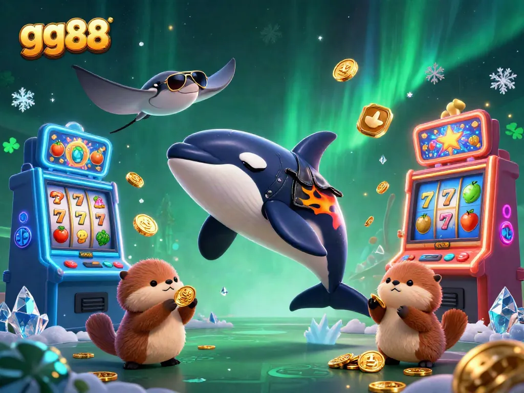 Experience excitement with the gg88 orca whale in leather, jumping amidst vibrant slot machines and sparkling coins.