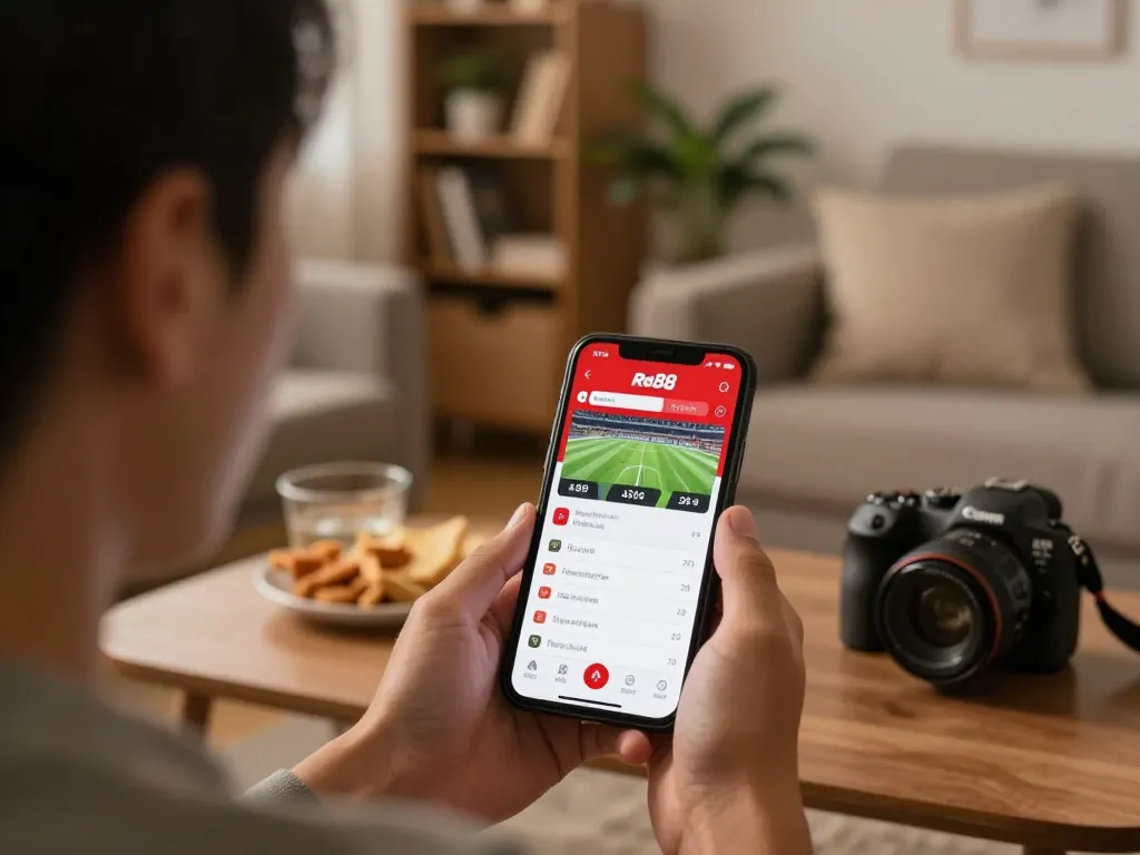 Engaged user analyzing sports odds on the red88 app, showcasing strategic betting in a cozy home environment