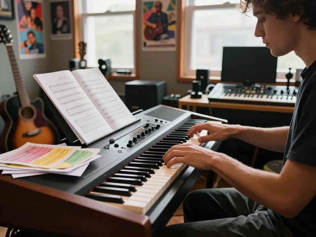Musician playing the VK88 organ in a cozy studio, surrounded by instruments and music sheets.