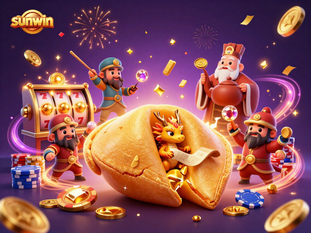 Sunwin's enchanting casino scene with a golden fortune cookie, dragon, and dynamic slot reels.