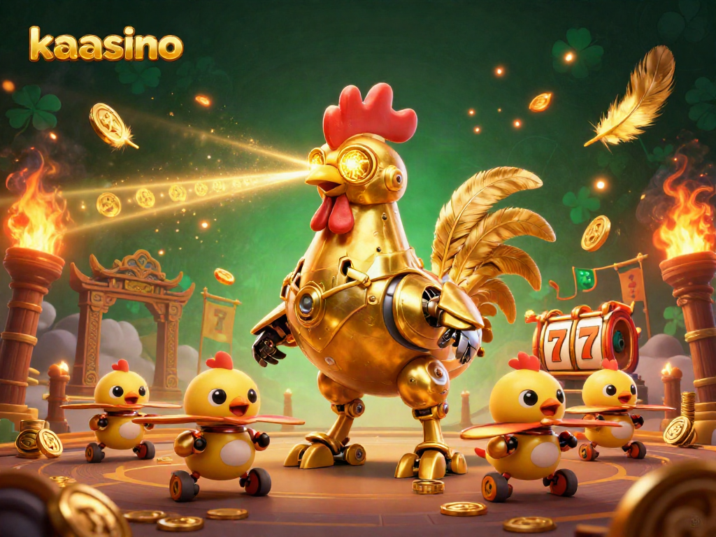 Kaasino casino features engaging elements like slot reels and golden coins in a dynamic gaming scene.