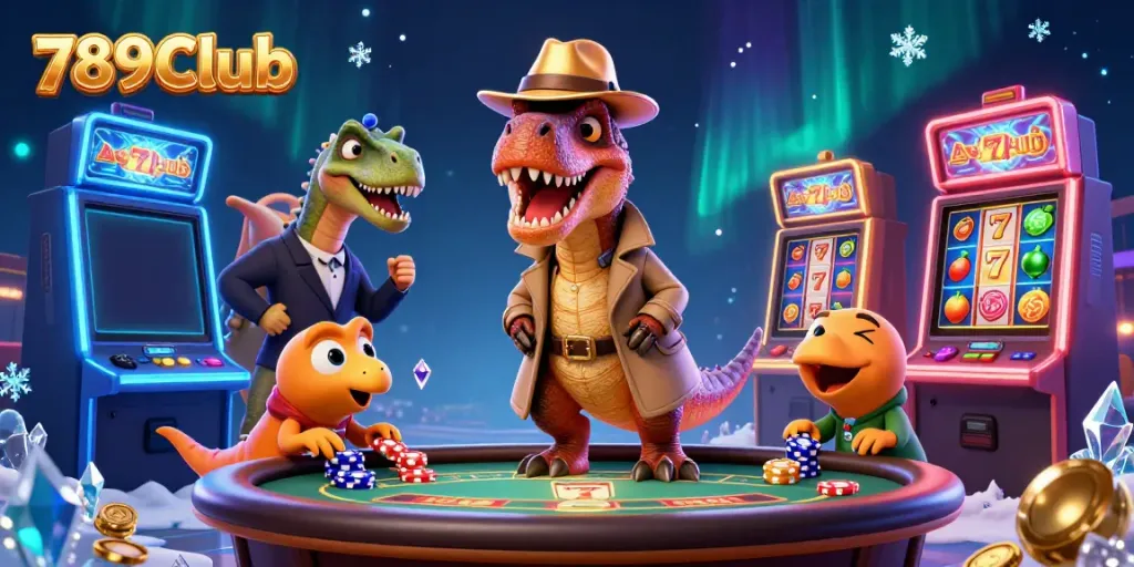 Engage in exciting gameplay with 789Club, showcasing a scene of a velociraptor card counter amidst colorful slot machines.