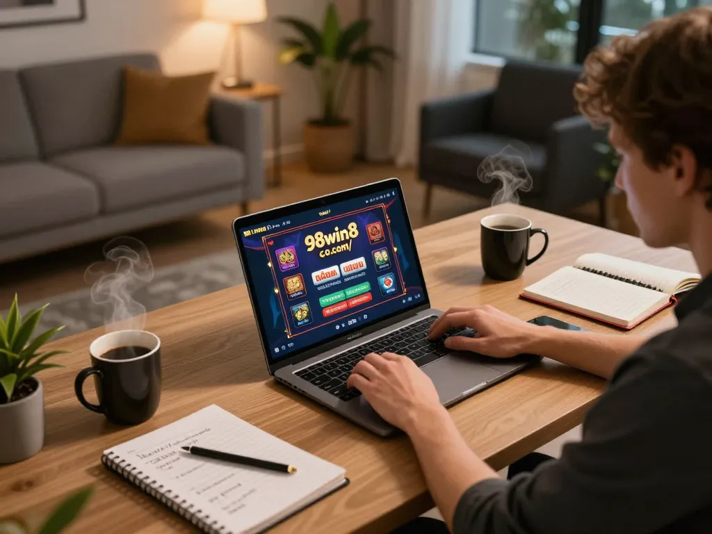 Engaging player focuses on online slots at https://98win8.co.com/ from home, showcasing strategy and excitement.