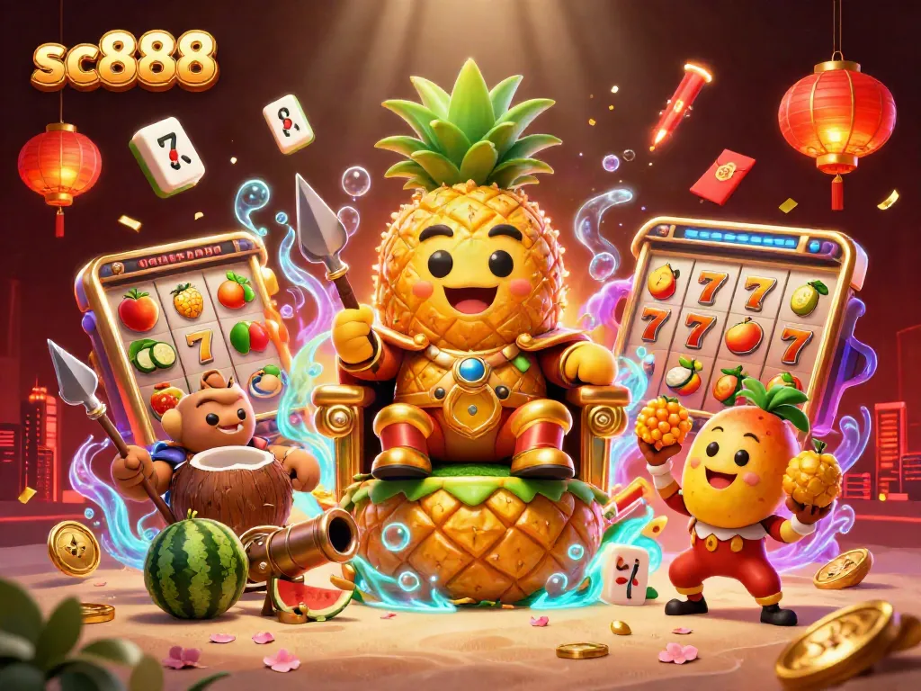 Sc888 showcases a vibrant casino illustration with a golden pineapple king and dynamic game elements.