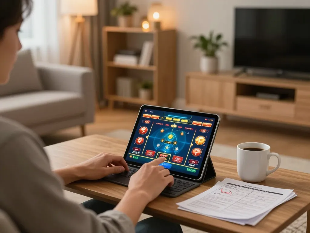 Player engaging with 79club online gaming on tablet in a cozy home setting