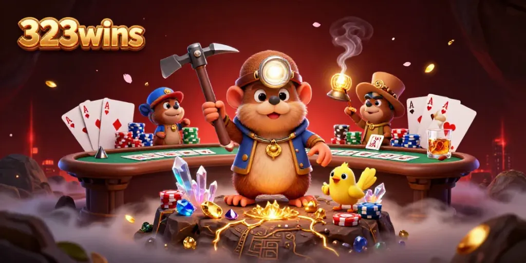 Experience the vibrant world of 323wins as the treasure hunter mole and canary uncover riches in a dynamic casino scene.