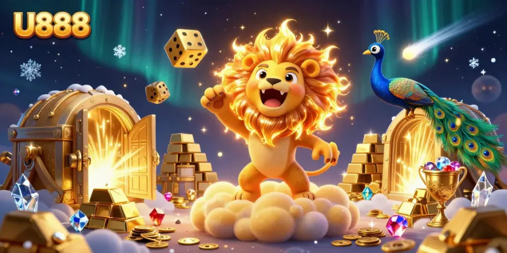 U888 showcases a vibrant scene with a lion, golden dice, and treasures, symbolizing gaming excitement.