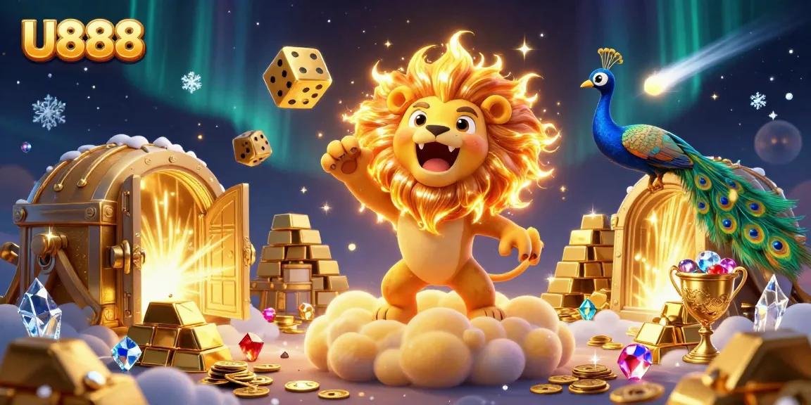 U888 showcases a vibrant scene with a lion, golden dice, and treasures, symbolizing gaming excitement.