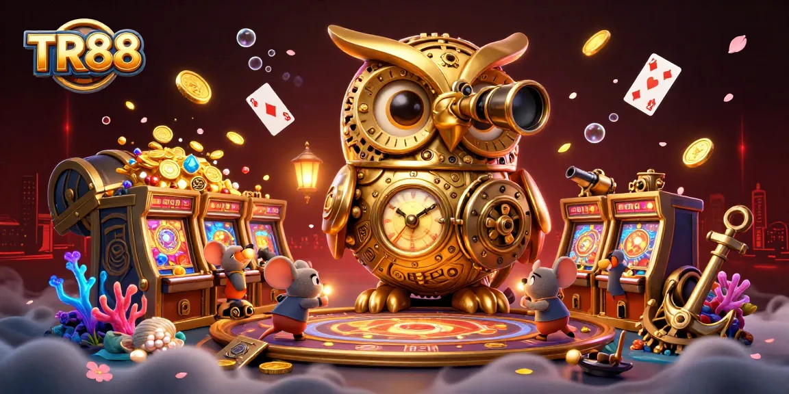 Experience the thrill of TR88 with a charming golden owl and vibrant casino scene filled with adventure.