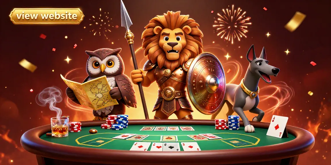 Engage in gaming excitement as you view a website showcasing dynamic casino elements with a Spartan lion and owl strategizing.