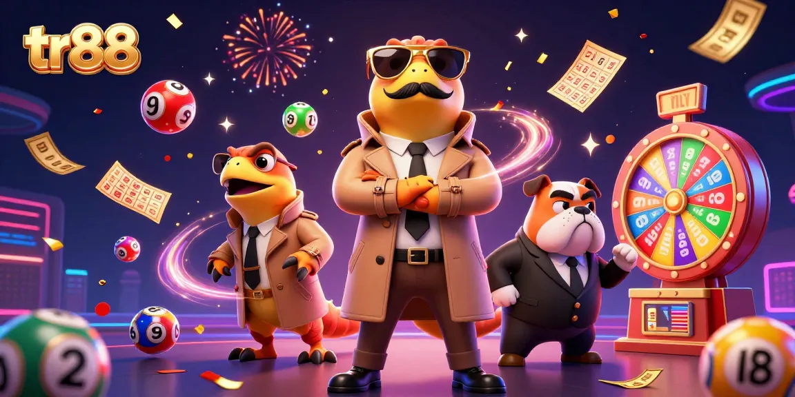 Experience the excitement of tr88 with colorful lottery elements and playful characters in a casino scene.