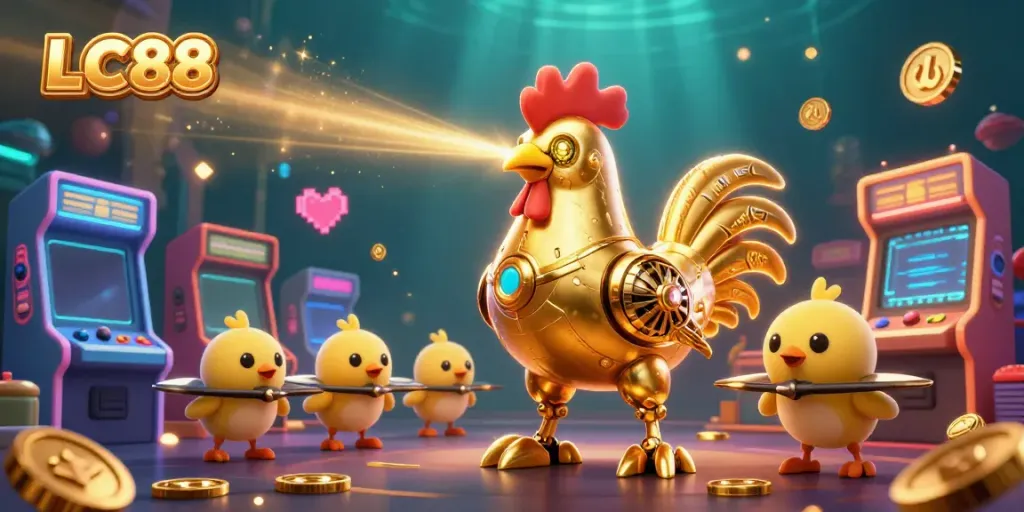 Experience thrilling gaming action with LC88's vibrant casino illustration featuring a golden rooster robot.