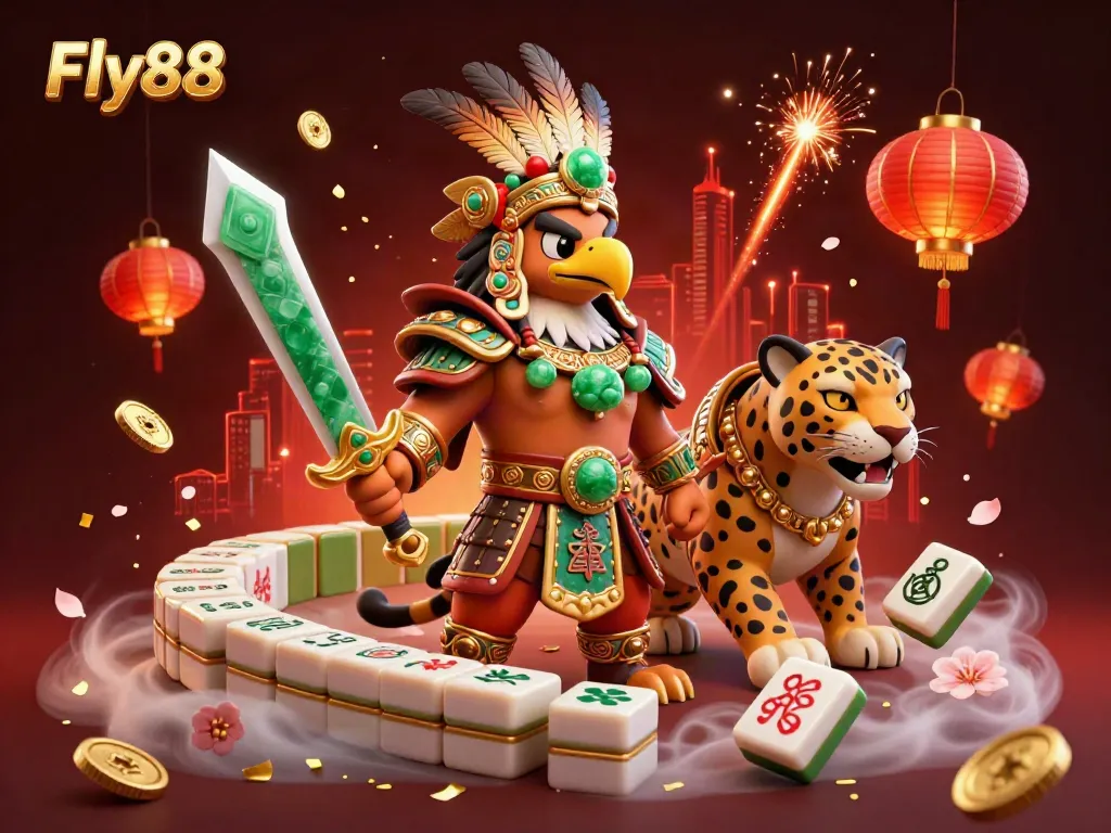 Experience the dynamic action of Fly88 featuring an Aztec warrior and vibrant casino elements in 3D.