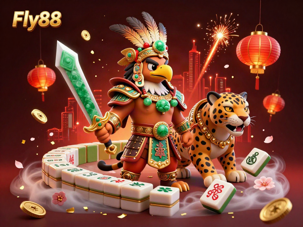 Experience the dynamic action of Fly88 featuring an Aztec warrior and vibrant casino elements in 3D.