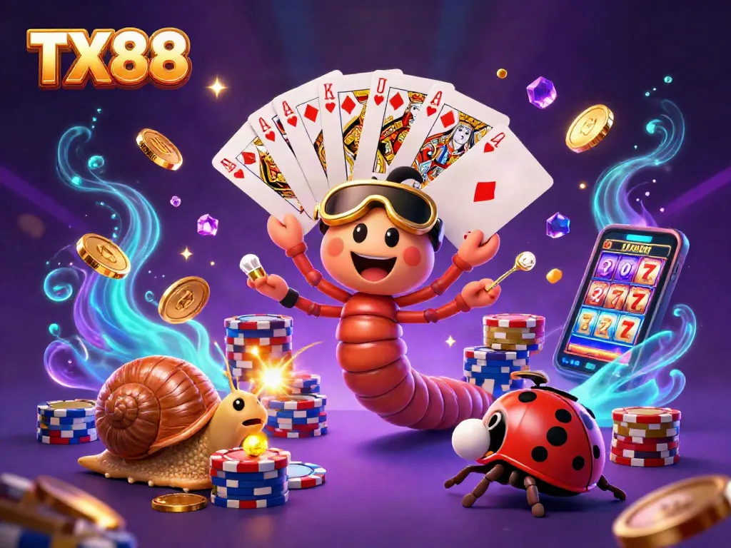 TX88 highlights a vibrant casino scene with a millipede dealer distributing cards amidst golden coins.