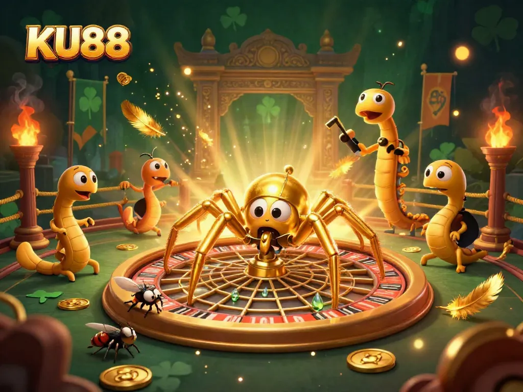 KU88 offers unmatched gaming with a golden spider spinning a roulette wheel web and fly placing bets.