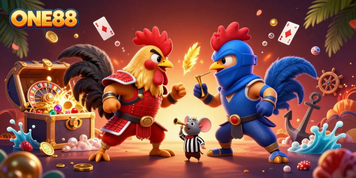 Engage in thrilling combat with ONE88's fighting roosters in a vibrant casino atmosphere.