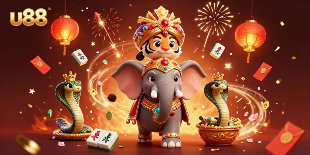 Experience the excitement of u88 with vibrant 3D characters, celebrating in a lavish casino atmosphere.