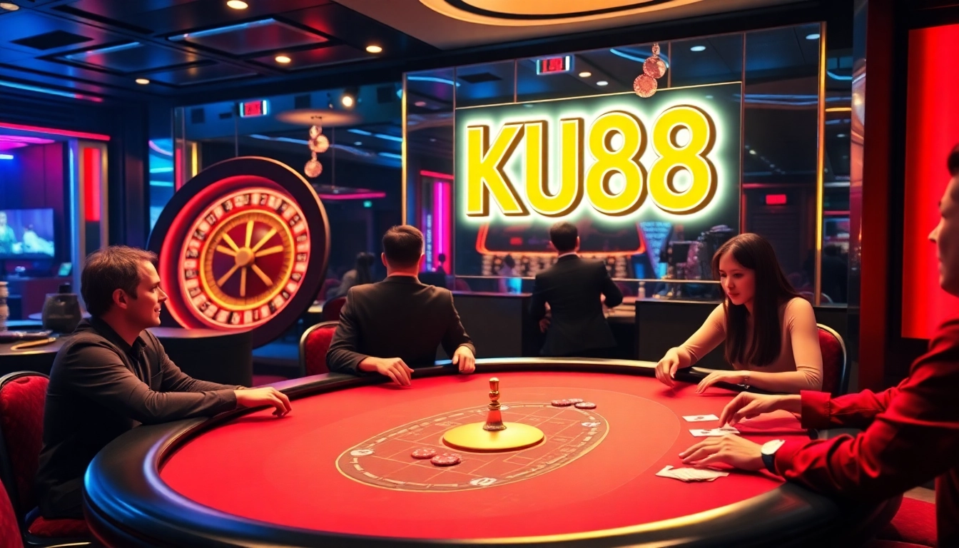 Players competing at a chic KU88 casino table with a roulette wheel in a lively atmosphere.