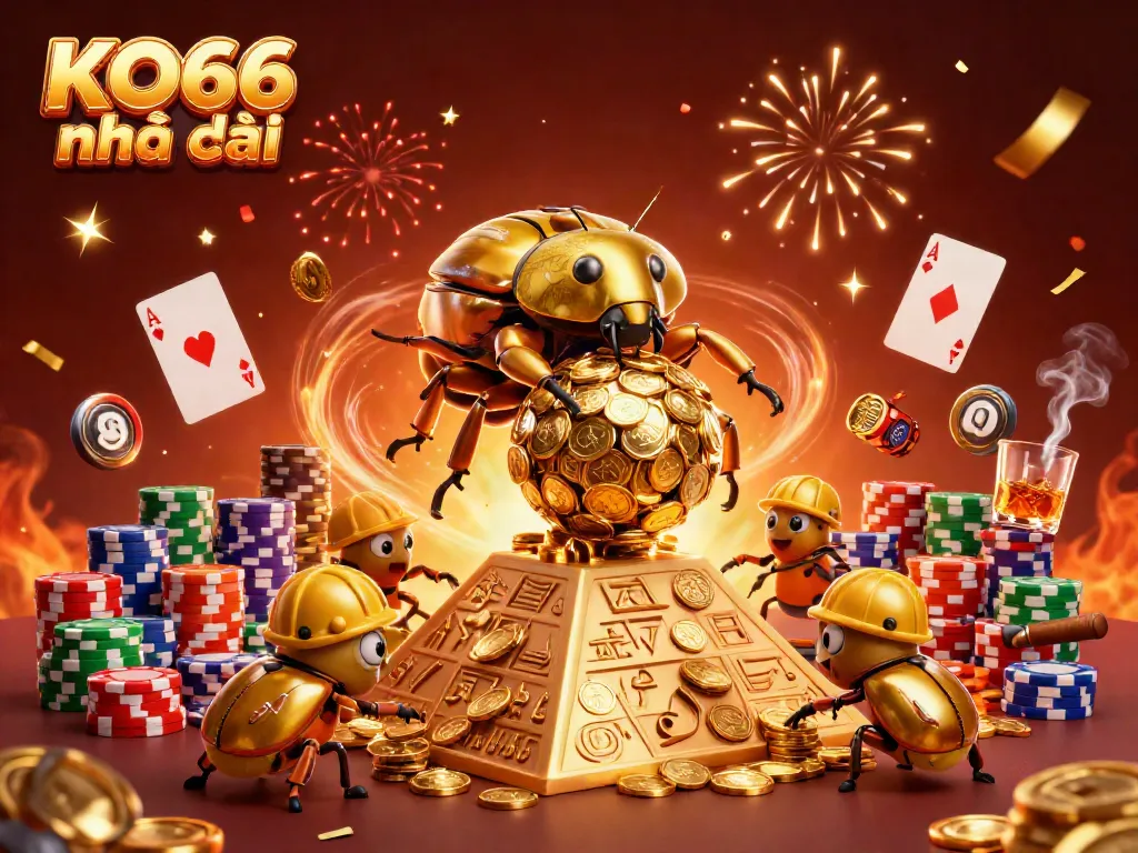Experience thrilling gameplay with KO66 nhà cái, showcasing gold beetles and poker action in a vibrant casino scene.