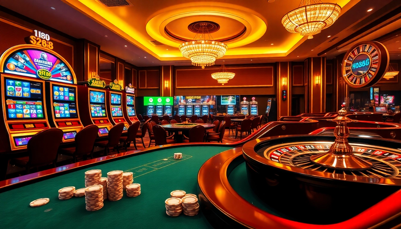 Exciting online gambling scene at https://hz88.life/ with vibrant casino tables and animated slot machines.